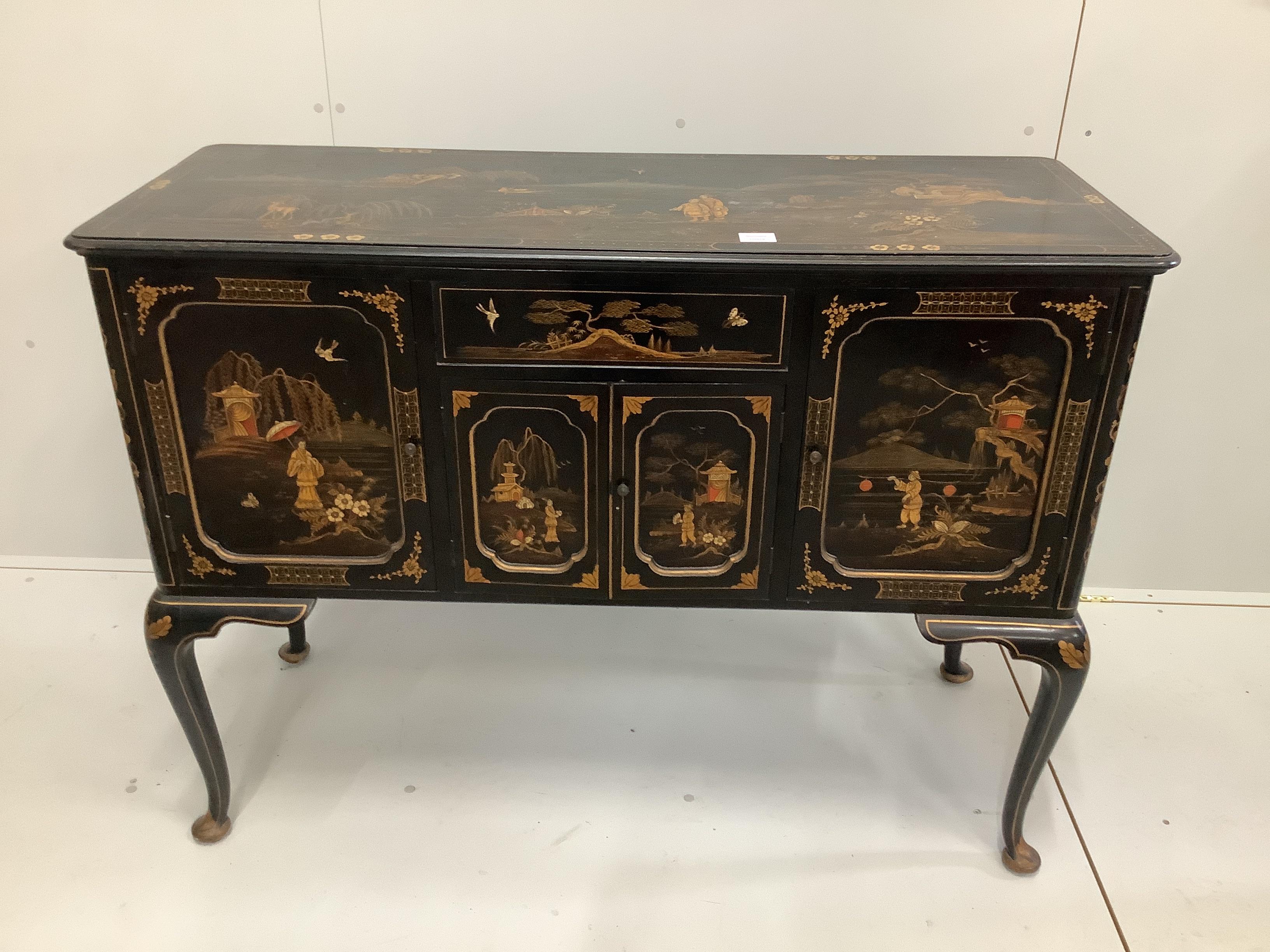 An early 20th century chinoiserie lacquer hinged top side cabinet, probably a converted radiogramme, width 122cm, depth 47cm, height 90cm